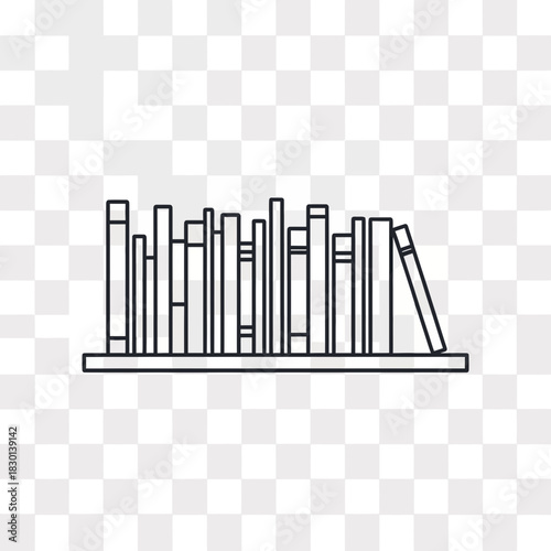 A line drawing of a bookshelf filled with books of varying sizes.