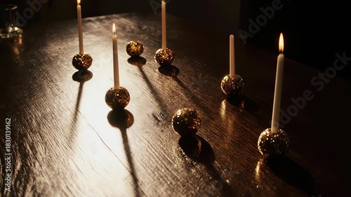 Burning candles in decorative holders cast long shadows on a wooden surface