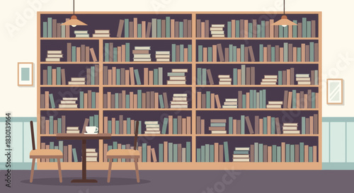 Bookshelf with books, chairs, and a table with a cup.