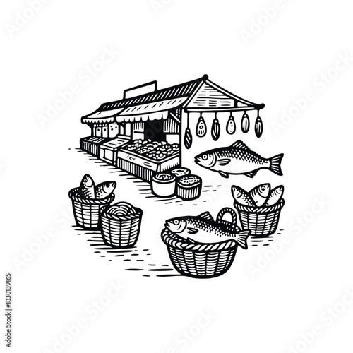 A vintage-style woodcut illustration depicting a traditional open-air fish market stall or seafood shop, featuring baskets of fish, prepared seafood, and decorative hanging elements