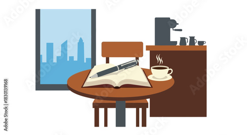 Open book and pen on table with coffee and cityscape view.