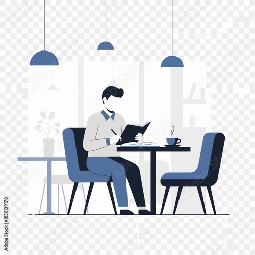 Person sitting at table writing in book with coffee cup.