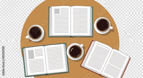 Open books and cups of coffee arranged on a table.