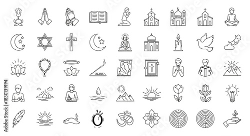 Collection of Religious and Spiritual Icons Representing Diverse Beliefs and Practices. Vector Illustrations. EPS Editable