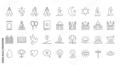 Collection of Religious and Spiritual Icons in Sketch Style. Vector Illustrations. EPS Editable