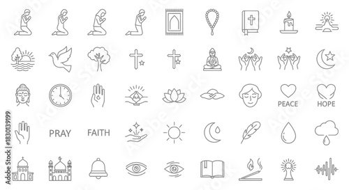 Collection of Religious and Spiritual Icons Representing Faith and Hope. Vector Illustrations. EPS Editable