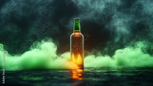 Glowing Bottle Surrounded by Green Smoke at Night
