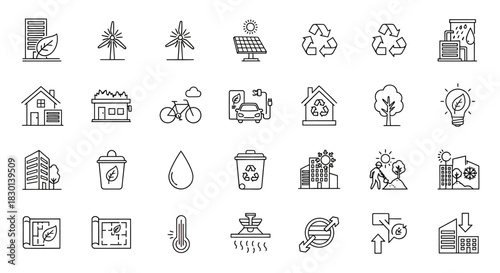 Set of HandDrawn Icons Representing Ecology and Sustainability. Vector Illustrations. EPS Editable