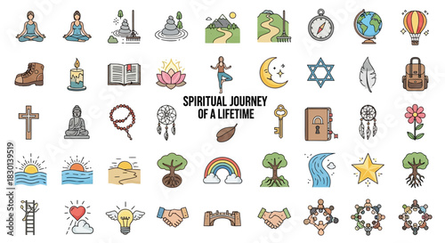 Spiritual Journey of a Lifetime Collection of Icons and Symbols. Vector Illustrations. EPS Editable
