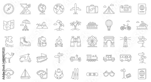 Collection of Travel and Leisure Icons for Adventure and Exploration. Vector Illustrations. EPS Editable