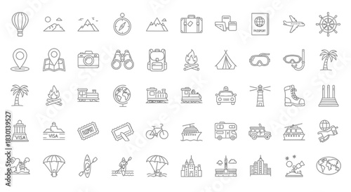 Collection of Travel and Leisure Icons for Vacation and Adventure. Vector Illustrations. EPS Editable