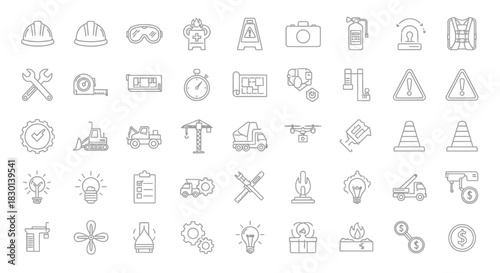 Construction and Industry Icons Set Tools Safety and Equipment. Vector Illustrations. EPS Editable