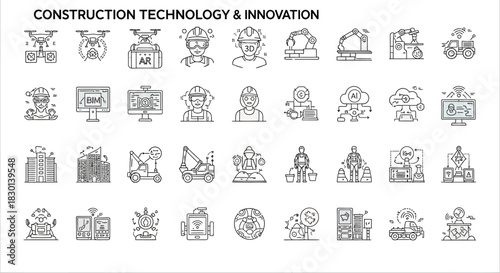 Construction Technology and Innovation Icons Set. Vector Illustrations. EPS Editable