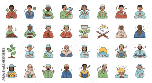 Diverse Muslim People and Islamic Symbols Collection. Vector Illustrations. EPS Editable