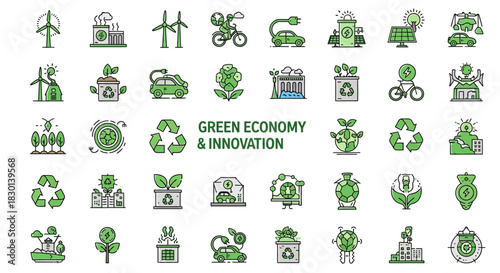 Green Economy and Innovation Icons Set for Sustainable Development. Vector Illustrations. EPS Editable