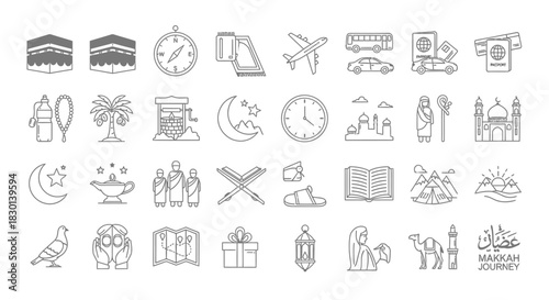 Islamic Icons Collection Hajj Ramadan Travel and Culture. Vector Illustrations. EPS Editable