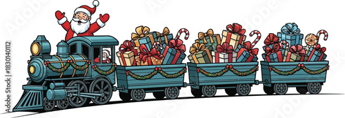 Santa claus driving a christmas gift delivery train isolated on