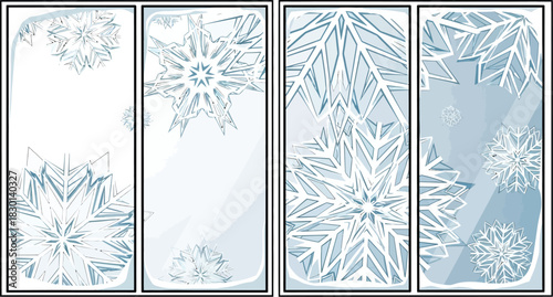 Four vertical window panes covered in intricate frost and snowflake patterns