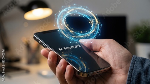 Person using AI assistant on a smartphone with futuristic digital interface