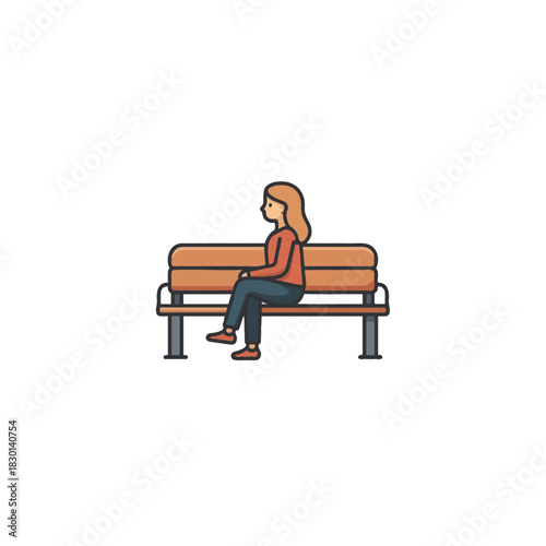 A minimalist illustration of a solitary woman sitting pensively on a wooden park bench in simple