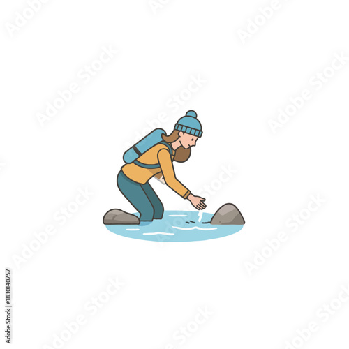 A solitary female adventurer delicately interacts with the pristine flowing river during