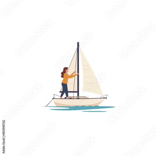 A serene visual of a solitary woman sailing on a small sailboat in calm waters enjoying nature