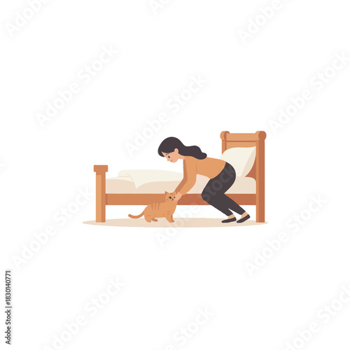 A woman bonds with her feline companion near a bed evoking domestic harmony and affection through