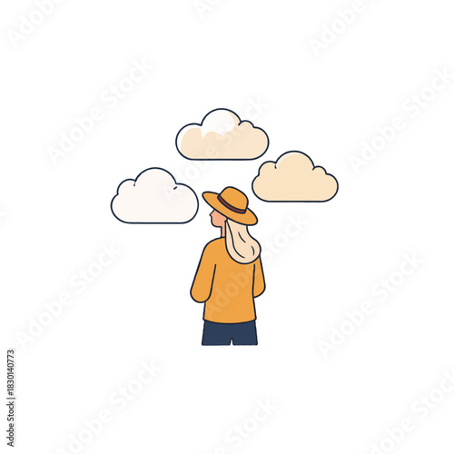 A woman wearing a hat dreams of floating fluffy clouds symbolizing aspirations and envisioning