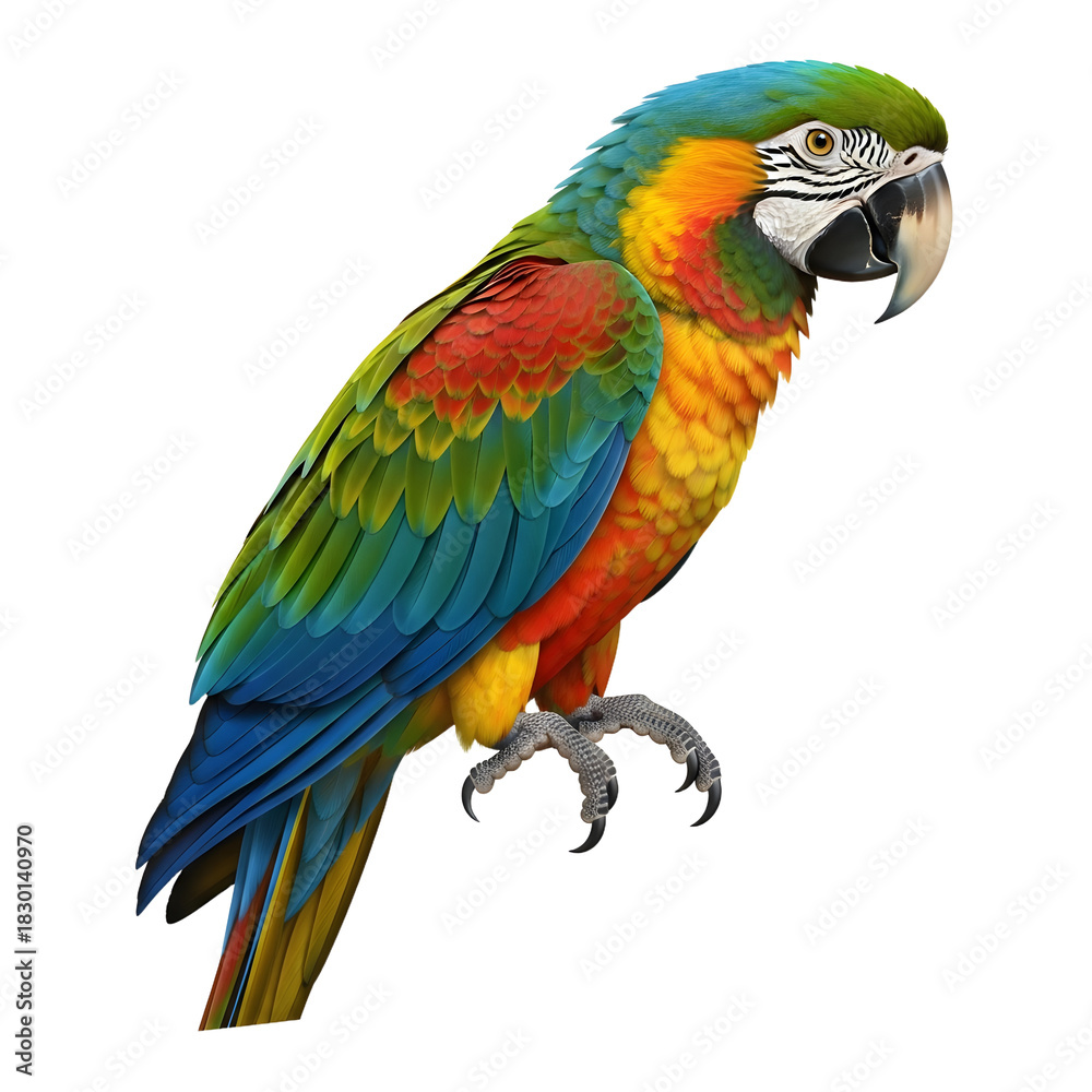 Fototapeta premium Colorful Macaw Parrot Perched Isolated on White Background.