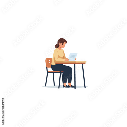 Concentrated student studying at her desk reading papers working diligently on an assignment in