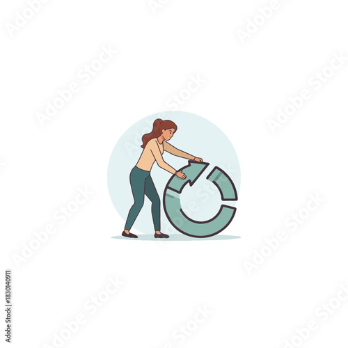 Concept visualization shows woman initiating cyclic process management for growth and development