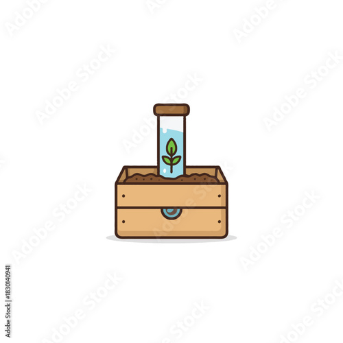 Conceptual illustration showcasing scientific germination in a wooden container with an emerging