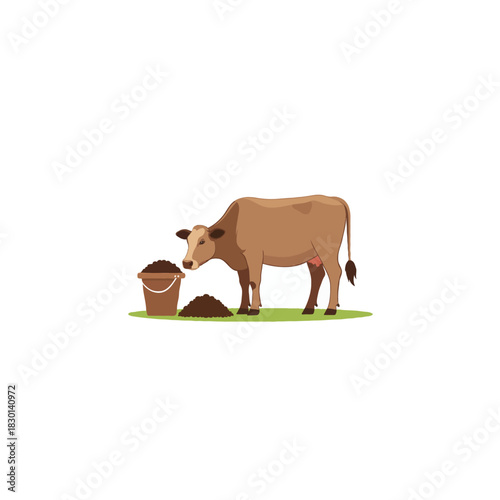 Cow grazing near a bucket of feed, illustration of farming and livestock management showcasing