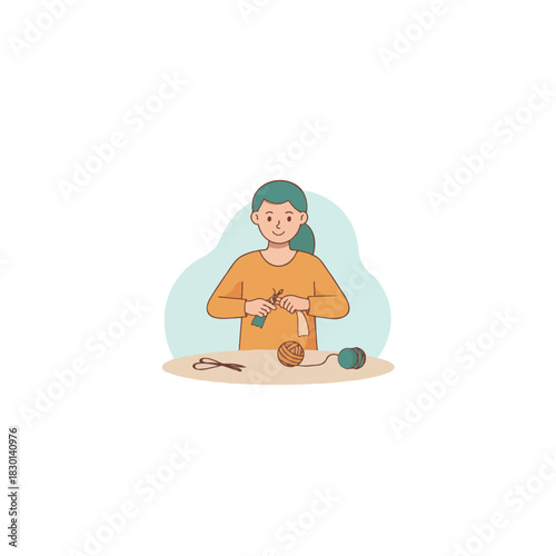 Cozy crafting: a young woman engaging in the art of knitting with a warm and inviting ambiance and