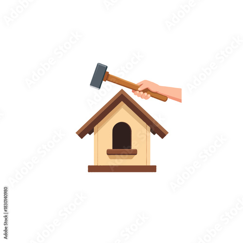 Crafting a Home Illustration A Hand Holds Hammer poised above Tiny House Construction and