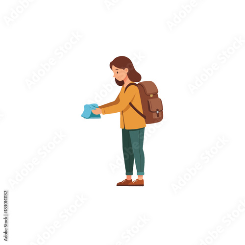 Female adventurer with backpack holding travel document showcases the spirit of youthful