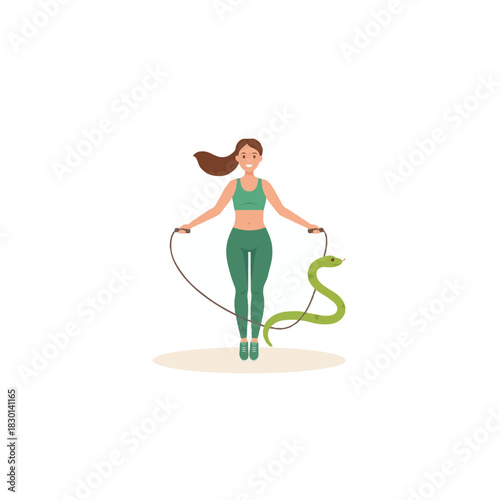 Fit woman jumping rope with friendly serpent for playful fitness routine illustration a whimsical