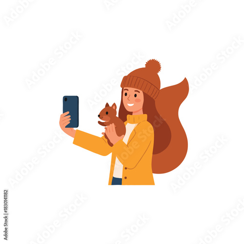 Girl taking a selfie with a squirrel in autumn clothing depicting a playful interaction and