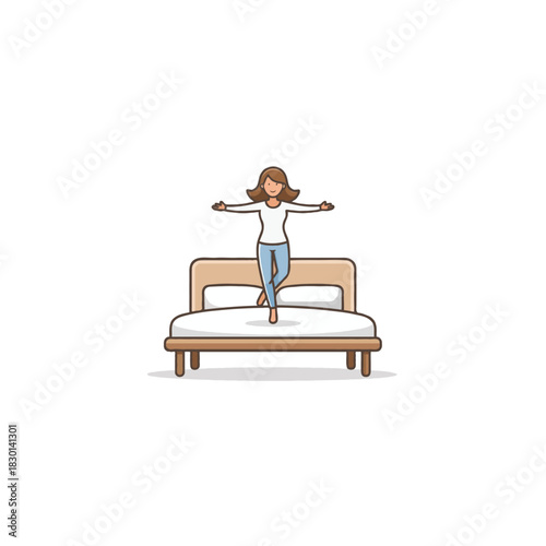 Joyful woman embracing lightheartedness bouncing on her cozy bed in a state of happiness and