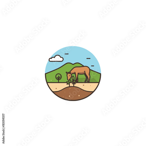 Pastoral scene with grazing mammal in stylized minimalist circular design evoking nature's balance