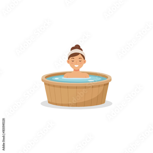 Relaxing woman soaking in a wooden tub filled with water enjoying a calming experience wellness