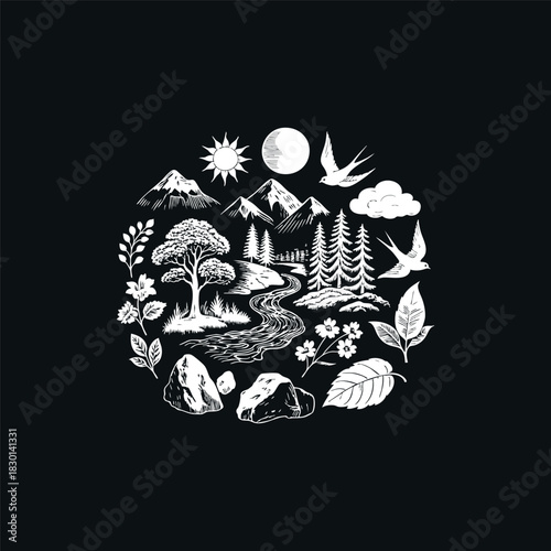 vintage-style woodcut illustration set within a circular frame, depicting a serene natural landscape with mountains, a river, pine trees, and flora under the sun and moon