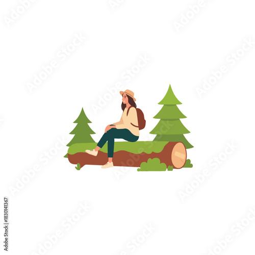 Solo wanderer resting on a fallen log amidst evergreen trees in serene woodland environment