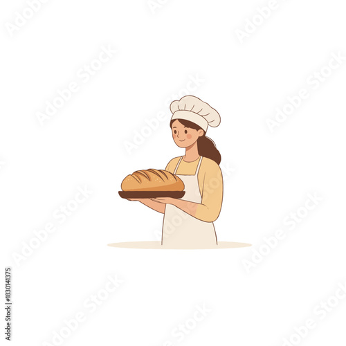 Smiling baker presenting freshly baked loaf of bread in a warmly lit kitchen setting ready to serve