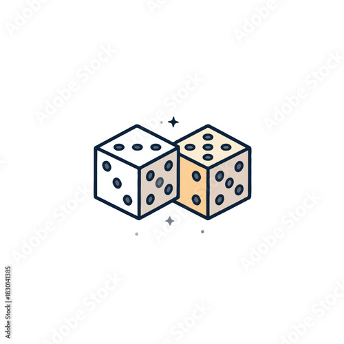 Stylized dice duo evoking games chance and playful simplicity with minimalist design and sparkling