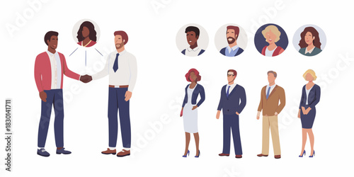 Diverse business team handshake portraits and full body group