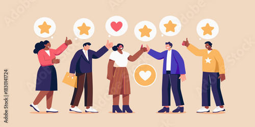 Diverse group giving thumbs up with star and heart feedback icons
