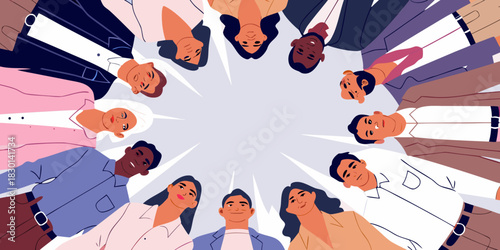 Diverse group of people standing in a circle looking downward together