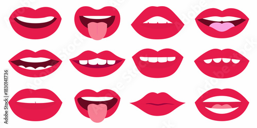 Collection of red lips with different expressions and mouth positions on white background