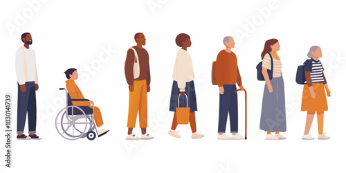 Diverse group of people standing in a row isolated on white